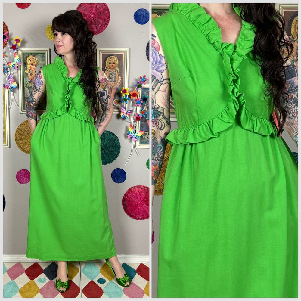 Vintage 1970s Lime Green Sleeveless Ruffled Wool Maxi Dress